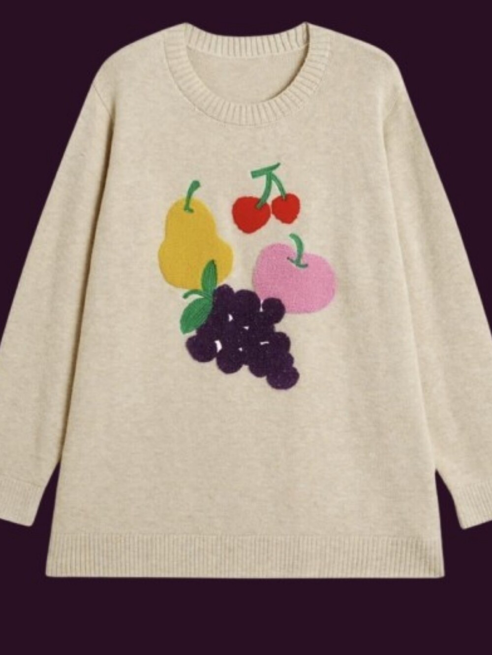 BloomChic Cream Crewneck Sweater with Colorful Fruit Motif 🍒 Size 14-16 🍇